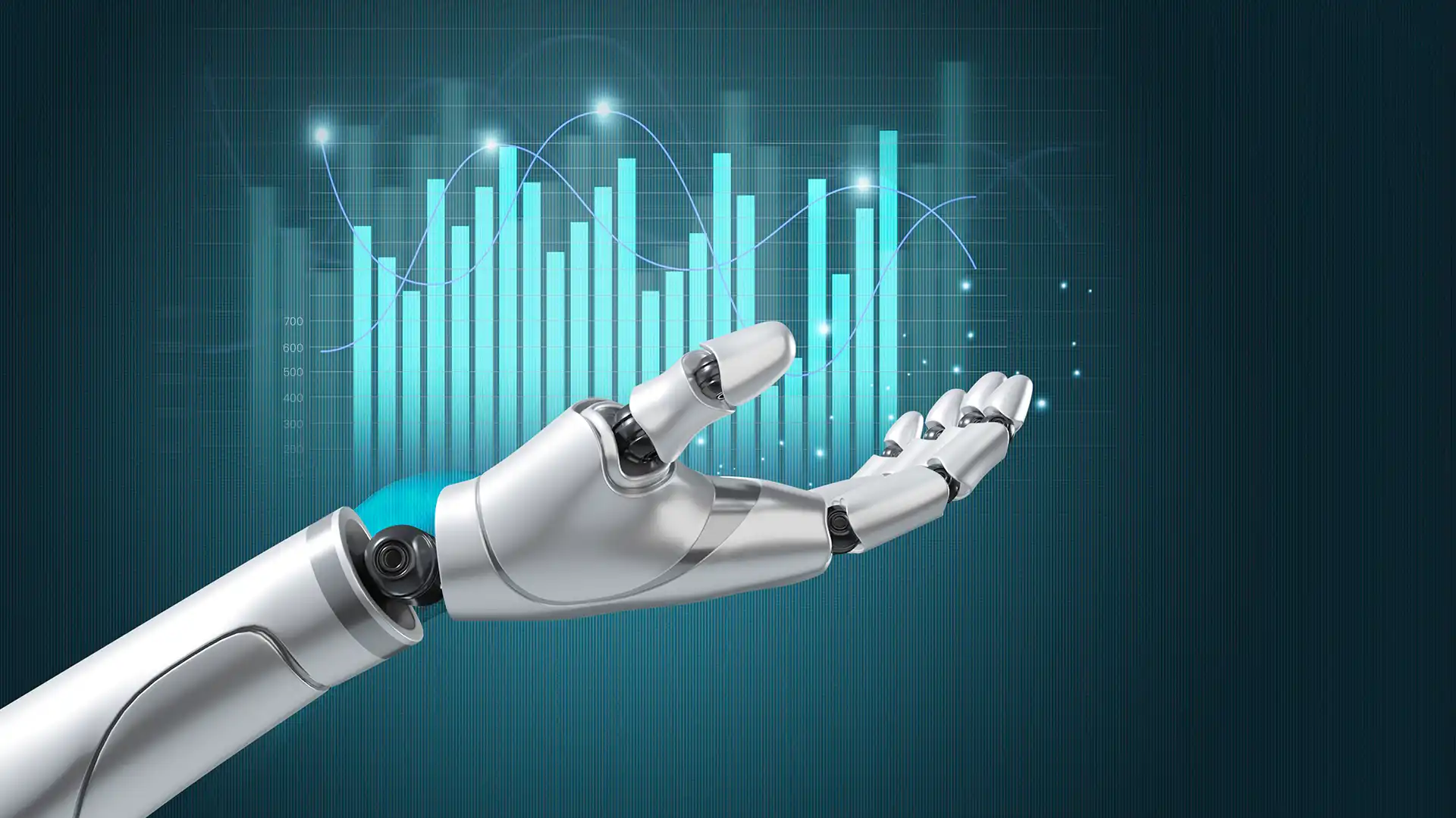 Yapay zekâ destekli robot kol ve veri grafikleri ile satış otomasyonu ve performans analizi konsepti