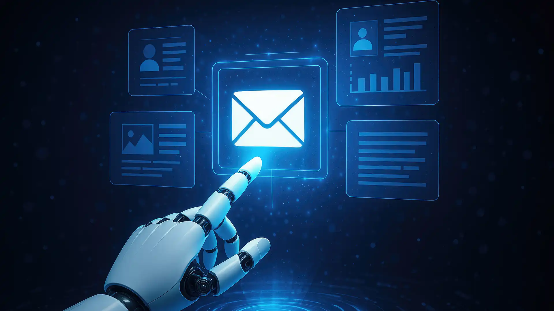 Yapay zekâ robot kolun e-posta simgesine dokunduğu AI cold email ve satış e-posta otomasyonu görseli