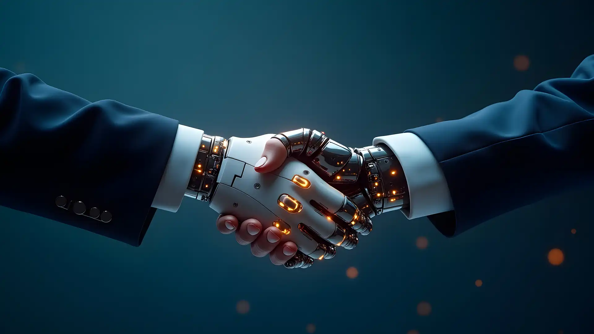 B2B Customer Discovery sürecini simgeleyen, yapay zeka destekli robot el ile insanın tokalaştığı görsel