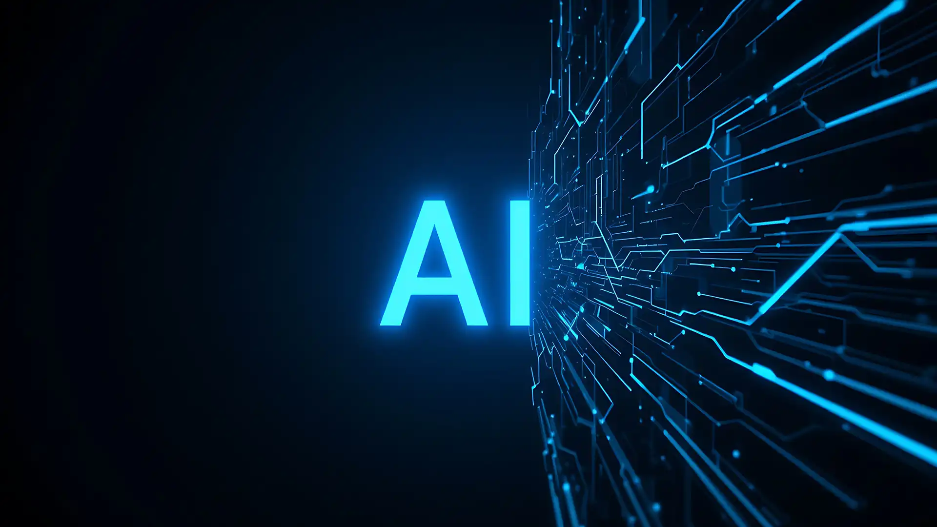 Yapay zeka teknolojisini simgeleyen AI yazısı ve dijital veri akışı görseli