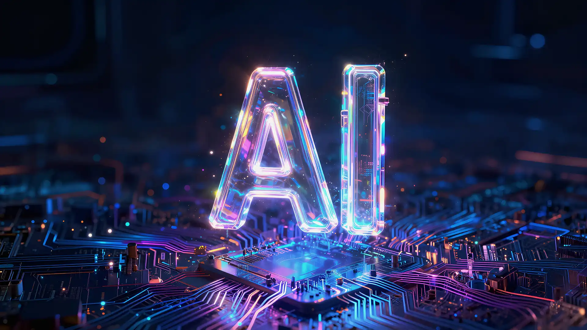 AI CRM sistemlerini simgeleyen, dijital devreler üzerinde yer alan yapay zeka teknolojisi görseli