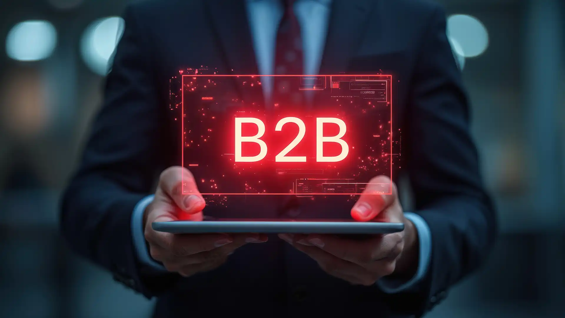 B2B conversion rate ve AI destekli satış stratejilerini temsil eden tablet üzerindeki dijital B2B hologramı