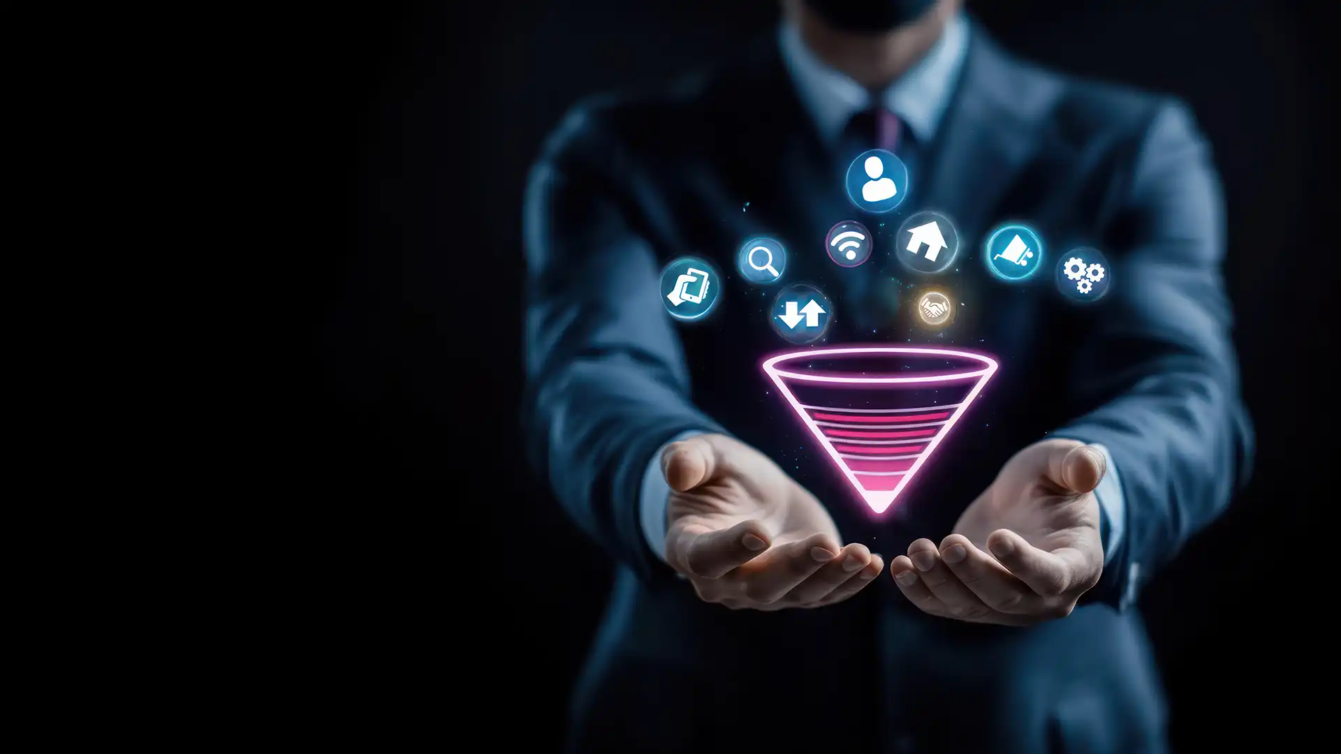 B2B Sales Funnel yapısını simgeleyen, satış hunisi ve dijital pazarlama ikonlarını gösteren görsel