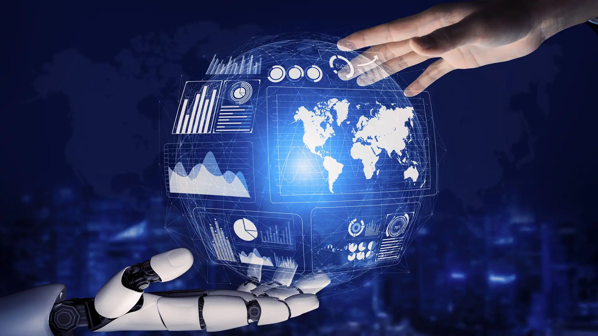Yapay zeka ile ihracat simgeleyen robot ve insan eli arasındaki dijital dünya haritası ve veri panelleri